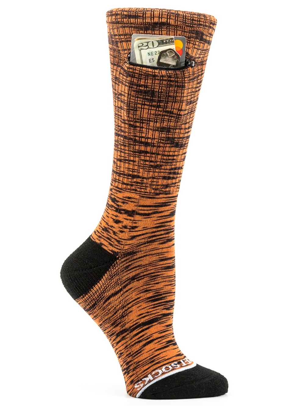 Mens 5-8 Pocket Socks - Performance Crew Socks - Orange/Black with Zipper Pocket